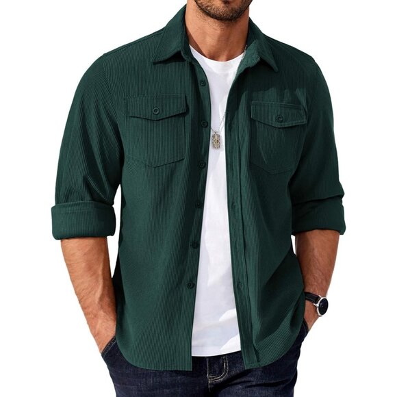 Coofandy Men Lake Green Corduroy Button Down Lightweight Jacket with Flap Pocket - Picture 1 of 5